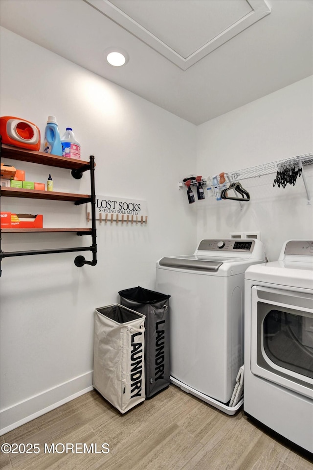 105 Pilot St, Marlboro, NJ 07746 - laundry area with recessed lighting, laundry area, washing machine and clothes dryer, baseboards, and light wood-style flooring