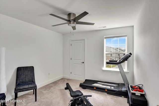 105 Pilot St, Marlboro, NJ 07746 - exercise area featuring visible vents, carpet flooring, baseboards, and ceiling fan