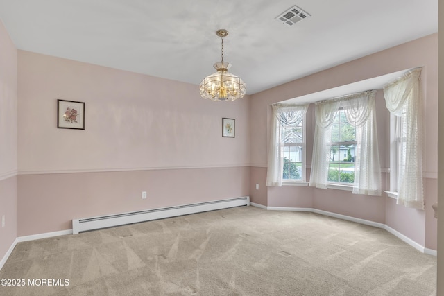 34 Meadows Ln, Manchester, NJ 08759 - spare room featuring an inviting chandelier, visible vents, carpet, baseboards, and a baseboard radiator