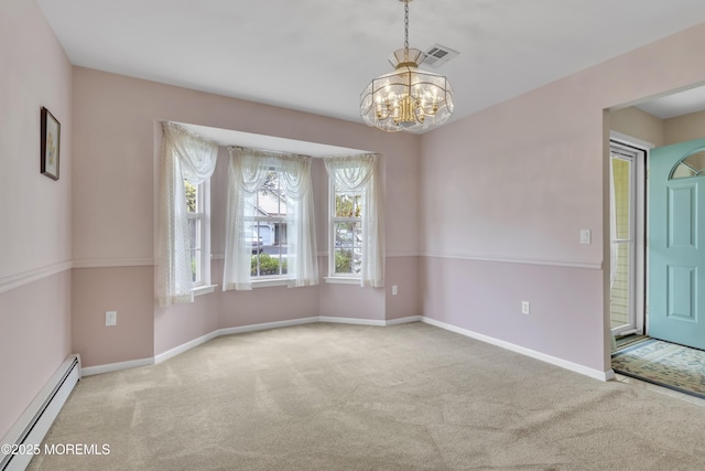 34 Meadows Ln, Manchester, NJ 08759 - carpeted empty room featuring an inviting chandelier, a baseboard radiator, visible vents, and plenty of natural light
