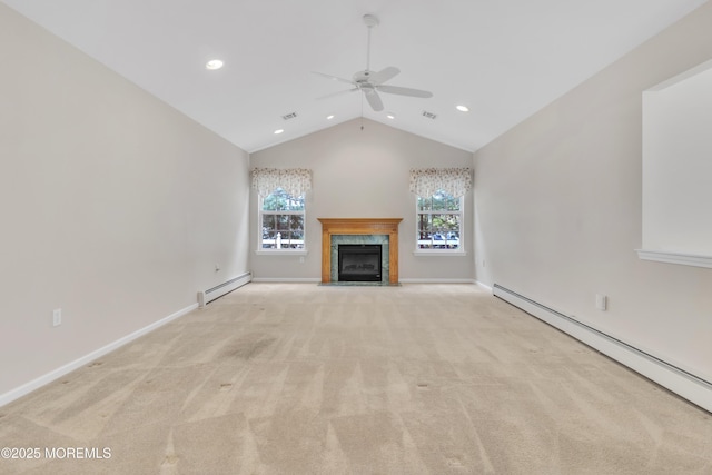 34 Meadows Ln, Manchester, NJ 08759 - unfurnished living room featuring baseboard heating, ceiling fan, a healthy amount of sunlight, and light colored carpet