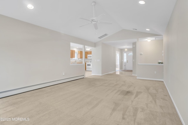 34 Meadows Ln, Manchester, NJ 08759 - unfurnished living room with a baseboard heating unit, a ceiling fan, visible vents, light carpet, and lofted ceiling