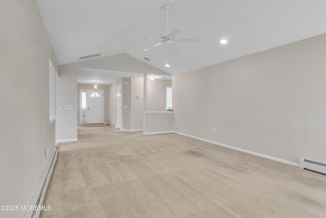 34 Meadows Ln, Manchester, NJ 08759 - unfurnished room featuring light colored carpet, baseboard heating, visible vents, a ceiling fan, and lofted ceiling