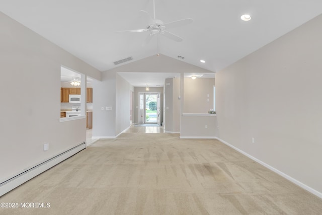 34 Meadows Ln, Manchester, NJ 08759 - unfurnished living room with a baseboard radiator, visible vents, ceiling fan, and light colored carpet