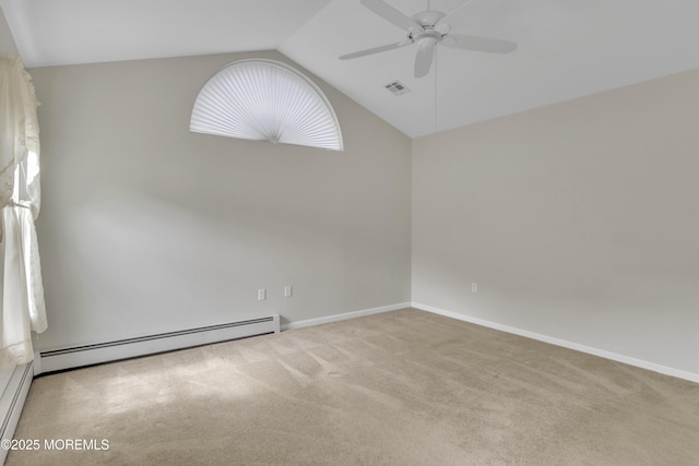 34 Meadows Ln, Manchester, NJ 08759 - empty room with a baseboard heating unit, a ceiling fan, visible vents, carpet, and lofted ceiling