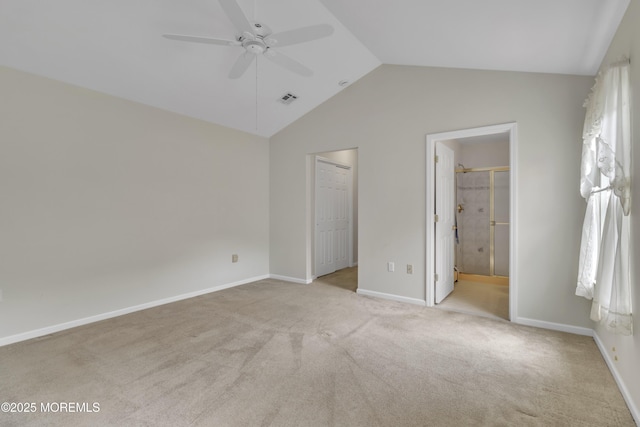34 Meadows Ln, Manchester, NJ 08759 - unfurnished bedroom with ceiling fan, visible vents, vaulted ceiling, baseboards, and light colored carpet