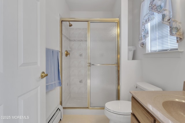 34 Meadows Ln, Manchester, NJ 08759 - bathroom featuring toilet, a stall shower, vanity, and a baseboard radiator