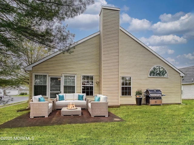 34 Meadows Ln, Manchester, NJ 08759 - back of property with a chimney, a patio area, an outdoor living space with a fire pit, and a lawn
