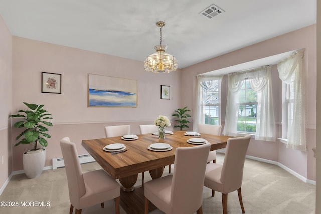 34 Meadows Ln, Manchester, NJ 08759 - dining room featuring a baseboard radiator, visible vents, baseboards, an inviting chandelier, and light carpet