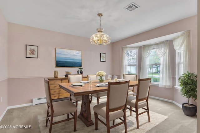 34 Meadows Ln, Manchester, NJ 08759 - dining area featuring a baseboard radiator, a chandelier, light carpet, baseboards, and visible vents