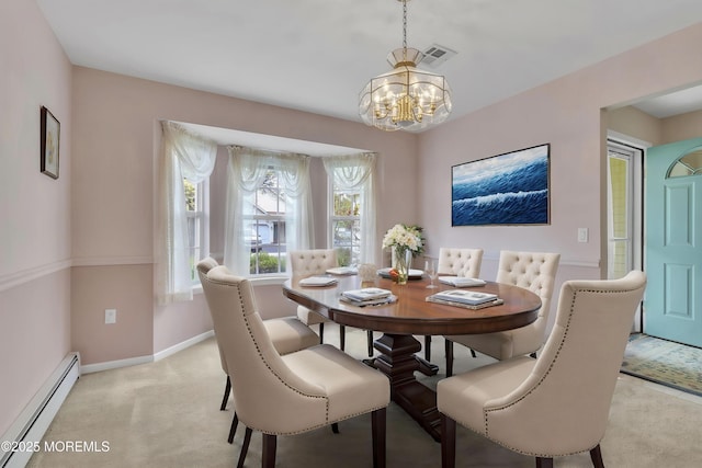 34 Meadows Ln, Manchester, NJ 08759 - dining area with light colored carpet, a baseboard radiator, baseboards, visible vents, and a notable chandelier