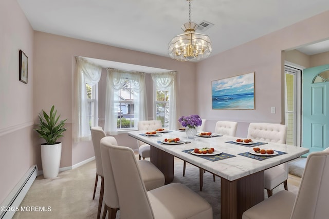 34 Meadows Ln, Manchester, NJ 08759 - dining space with light colored carpet, visible vents, a chandelier, baseboard heating, and baseboards