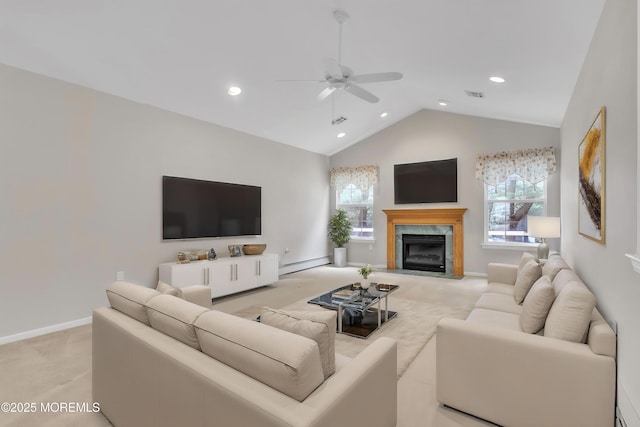 34 Meadows Ln, Manchester, NJ 08759 - living room with ceiling fan, visible vents, light carpet, a high end fireplace, and a baseboard radiator