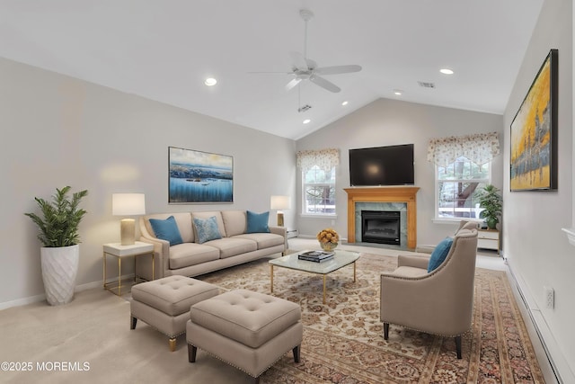 34 Meadows Ln, Manchester, NJ 08759 - living room featuring ceiling fan, a wealth of natural light, visible vents, baseboard heating, and lofted ceiling