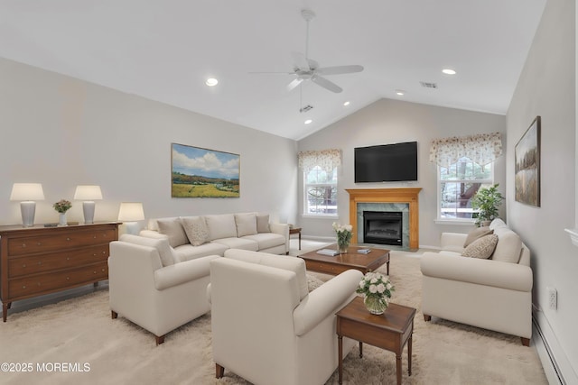 34 Meadows Ln, Manchester, NJ 08759 - living room featuring a ceiling fan, visible vents, vaulted ceiling, light carpet, and a high end fireplace