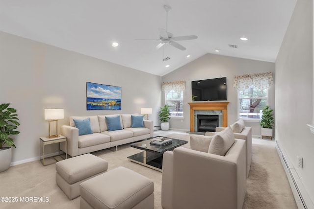 34 Meadows Ln, Manchester, NJ 08759 - living room with a ceiling fan, baseboard heating, vaulted ceiling, and light colored carpet
