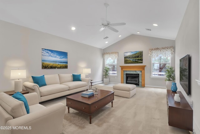 34 Meadows Ln, Manchester, NJ 08759 - living area with recessed lighting, ceiling fan, visible vents, vaulted ceiling, and light colored carpet