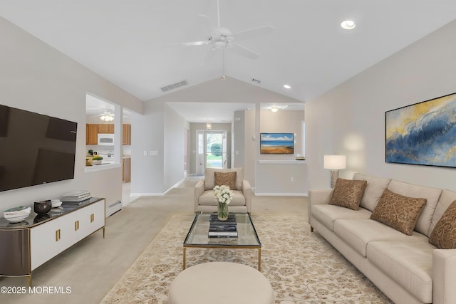 34 Meadows Ln, Manchester, NJ 08759 - living room featuring lofted ceiling, visible vents, ceiling fan, and light carpet