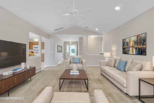 34 Meadows Ln, Manchester, NJ 08759 - living room with ceiling fan, visible vents, vaulted ceiling, and light carpet