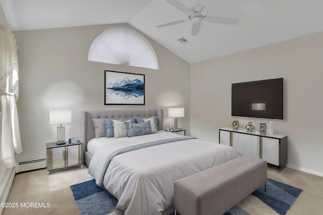 34 Meadows Ln, Manchester, NJ 08759 - bedroom featuring a ceiling fan, visible vents, light colored carpet, baseboard heating, and lofted ceiling