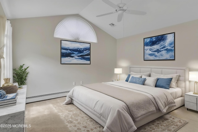 34 Meadows Ln, Manchester, NJ 08759 - bedroom featuring lofted ceiling, visible vents, a baseboard heating unit, light carpet, and a ceiling fan