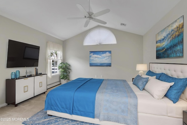 34 Meadows Ln, Manchester, NJ 08759 - bedroom featuring a baseboard heating unit, carpet floors, ceiling fan, visible vents, and lofted ceiling