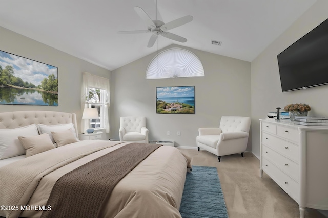34 Meadows Ln, Manchester, NJ 08759 - bedroom with light colored carpet, ceiling fan, baseboards, visible vents, and lofted ceiling