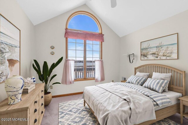42 Circle Ct, Brick, NJ 08723 - carpeted bedroom with baseboards, high vaulted ceiling, and ceiling fan