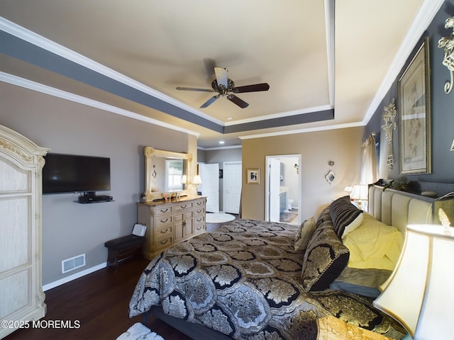 89 Pebble Beach Blvd, Jackson, NJ 08527 - bedroom with a tray ceiling, ornamental molding, dark wood-style floors, baseboards, and ceiling fan