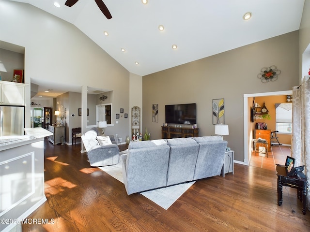 89 Pebble Beach Blvd, Jackson, NJ 08527 - living room with high vaulted ceiling, dark wood-style floors, a ceiling fan, recessed lighting, and baseboards