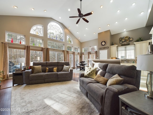 89 Pebble Beach Blvd, Jackson, NJ 08527 - living area featuring light wood-style flooring, high vaulted ceiling, healthy amount of natural light, ceiling fan, and recessed lighting