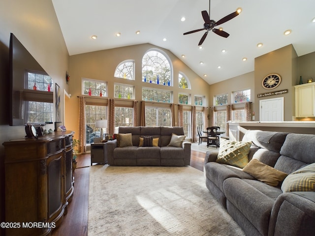 89 Pebble Beach Blvd, Jackson, NJ 08527 - living area with wood finished floors, recessed lighting, high vaulted ceiling, and a ceiling fan