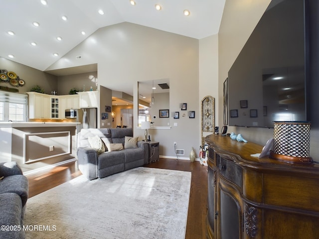 89 Pebble Beach Blvd, Jackson, NJ 08527 - living area featuring high vaulted ceiling, dark wood-type flooring, recessed lighting, and baseboards