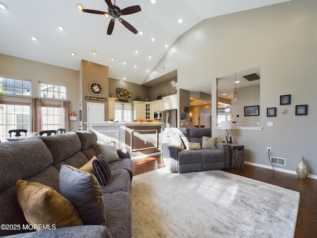 89 Pebble Beach Blvd, Jackson, NJ 08527 - living room with ceiling fan, dark wood finished floors, recessed lighting, high vaulted ceiling, and baseboards
