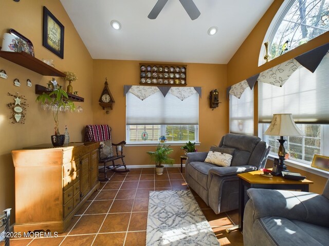 89 Pebble Beach Blvd, Jackson, NJ 08527 - tiled living area with vaulted ceiling, plenty of natural light, a ceiling fan, recessed lighting, and baseboards