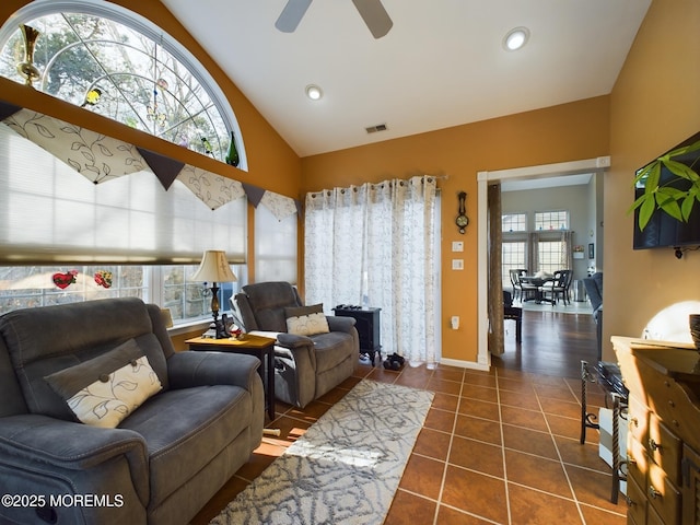 89 Pebble Beach Blvd, Jackson, NJ 08527 - living area with dark tile patterned floors, a ceiling fan, baseboards, recessed lighting, and high vaulted ceiling