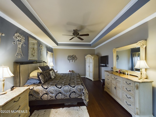 89 Pebble Beach Blvd, Jackson, NJ 08527 - bedroom featuring a raised ceiling, dark wood finished floors, a ceiling fan, ornamental molding, and baseboards