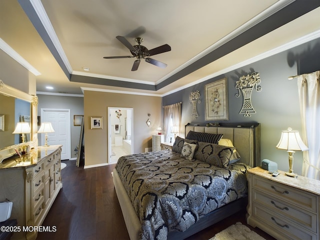 89 Pebble Beach Blvd, Jackson, NJ 08527 - bedroom featuring a raised ceiling, dark wood-type flooring, ornamental molding, baseboards, and ensuite bath