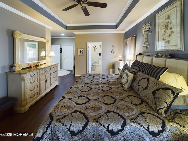 89 Pebble Beach Blvd, Jackson, NJ 08527 - bedroom featuring a raised ceiling, dark wood-style floors, ornamental molding, connected bathroom, and a ceiling fan