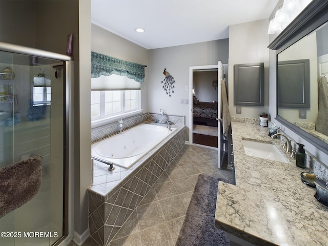 89 Pebble Beach Blvd, Jackson, NJ 08527 - ensuite bathroom with tile patterned flooring, a tub with jets, a stall shower, and vanity