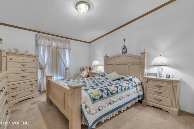 bedroom with lofted ceiling, light carpet, and crown molding