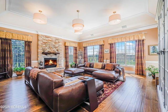living area with a raised ceiling, baseboards, a stone fireplace, and hardwood / wood-style floors