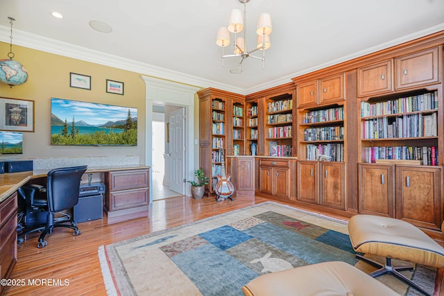 interior space with crown molding, light wood-type flooring, built in study area, a notable chandelier, and recessed lighting