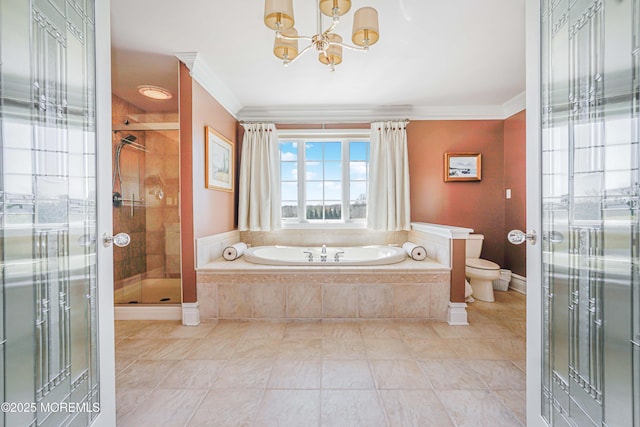 full bath with a garden tub, crown molding, toilet, a chandelier, and a shower stall