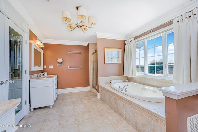 full bathroom with crown molding, a stall shower, an inviting chandelier, and vanity