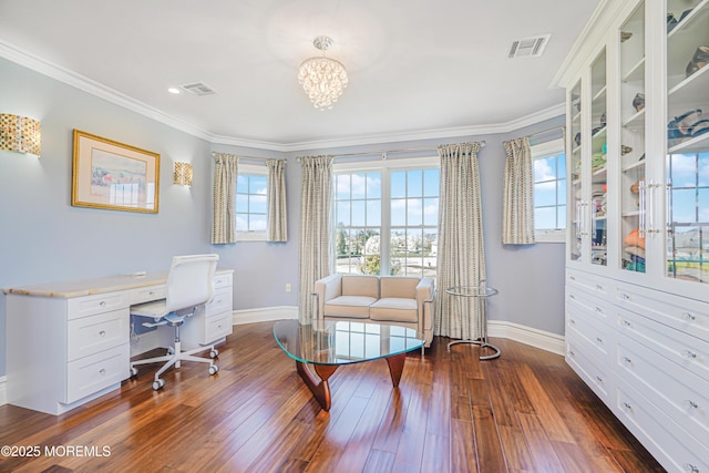 office space featuring an inviting chandelier, baseboards, and visible vents