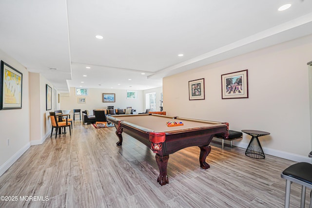 rec room featuring recessed lighting, billiards, light wood-style flooring, and baseboards