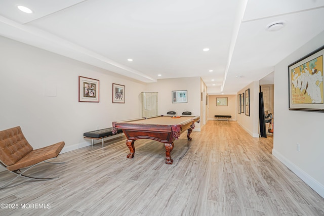 playroom featuring recessed lighting, billiards, baseboards, and light wood finished floors