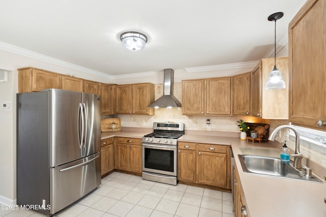 kitchen featuring appliances with stainless steel finishes, a sink, wall chimney exhaust hood, light tile patterned floors, and backsplash