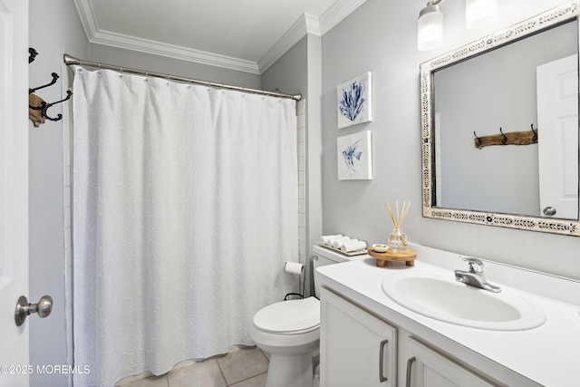 full bathroom with vanity, ornamental molding, toilet, tile patterned floors, and a shower with curtain